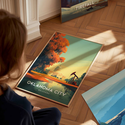 Oklahoma City, Oklahoma Poster | Bold Skyline & Prairie Charm Wall Art — styled in a modern interior