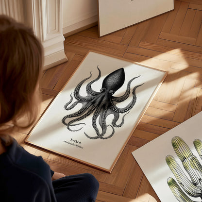 Kraken Poster | Vintage Architeuthis Mythica Zoological Illustration Wall Art — styled in a modern interior