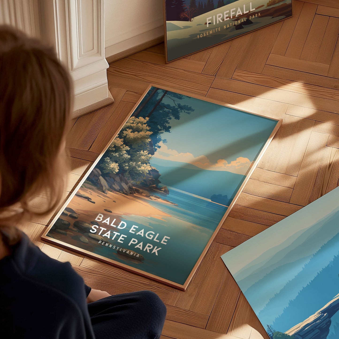 Bald Eagle State Park, Pennsylvania Poster | Eagle Soaring Over Mountain Lake Wall Art — styled in a modern interior