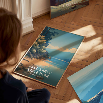 Bald Eagle State Park, Pennsylvania Poster | Eagle Soaring Over Mountain Lake Wall Art — styled in a modern interior