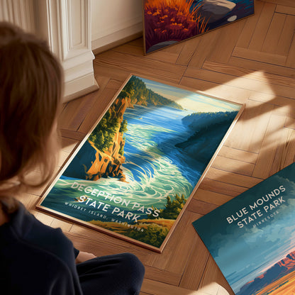 Deception Pass State Park, Whidbey Island, Washington Poster | Dramatic Bridge & Emerald Waters Wall Art — styled in a modern