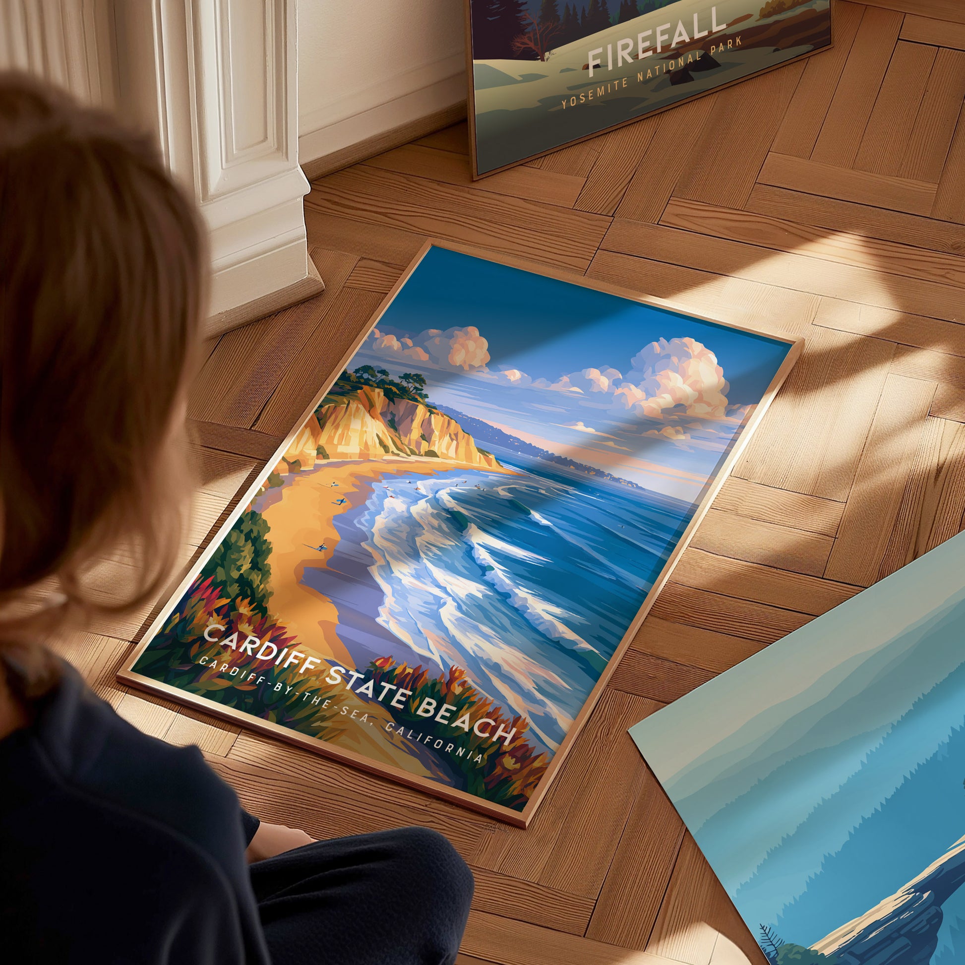 Cardiff State Beach, California Poster | Sun-Kissed Shores & Surf Wall Art — styled in a modern interior
