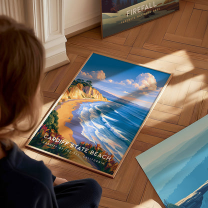 Cardiff State Beach, California Poster | Sun-Kissed Shores & Surf Wall Art — styled in a modern interior