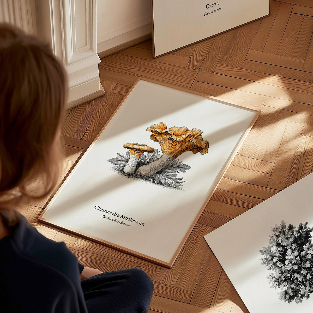 Chanterelle Mushroom Poster | Cantharellus cibarius Pen and Ink Print Vintage Scientific Illustration — styled in a modern in