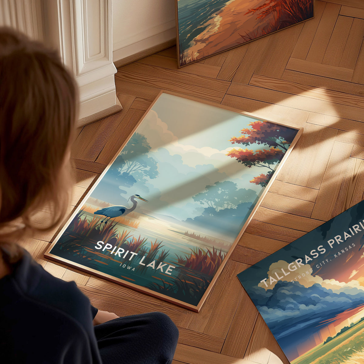 Spirit Lake, Iowa Poster | Lakeside Serenity Destination Print Wall Art — styled in a modern interior