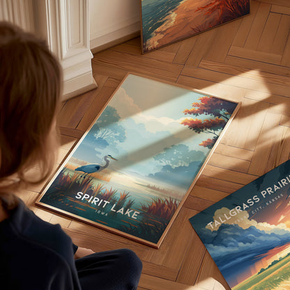 Spirit Lake, Iowa Poster | Lakeside Serenity Destination Print Wall Art — styled in a modern interior