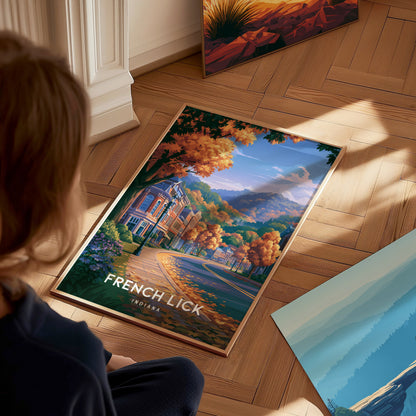 French Lick, Indiana Poster | Historic Springs Resort Town Wall Art — styled in a modern interior