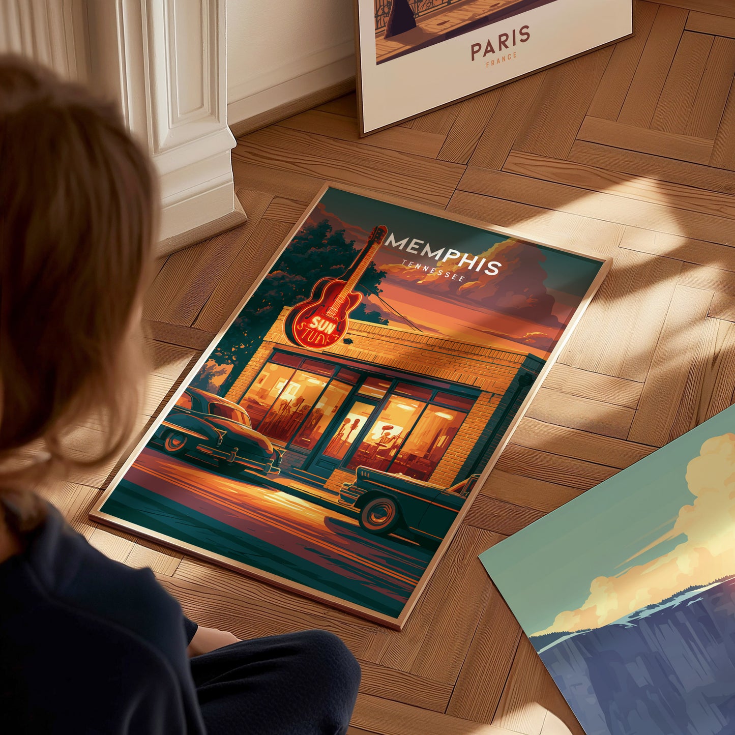 Memphis, Tennessee Poster | Blues & Beale Street Sunset Wall Art — styled in a modern interior