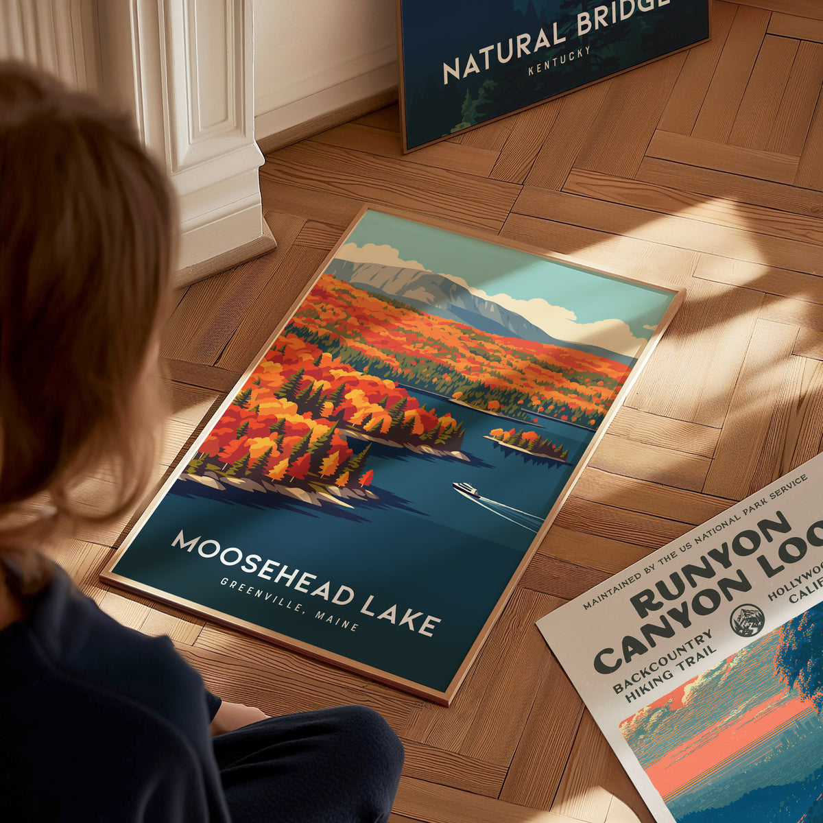 Moosehead Lake, Greenville, Maine Poster | Lakeside Wilderness Retreat Framed or Unframed Wall Art — styled in a modern inter