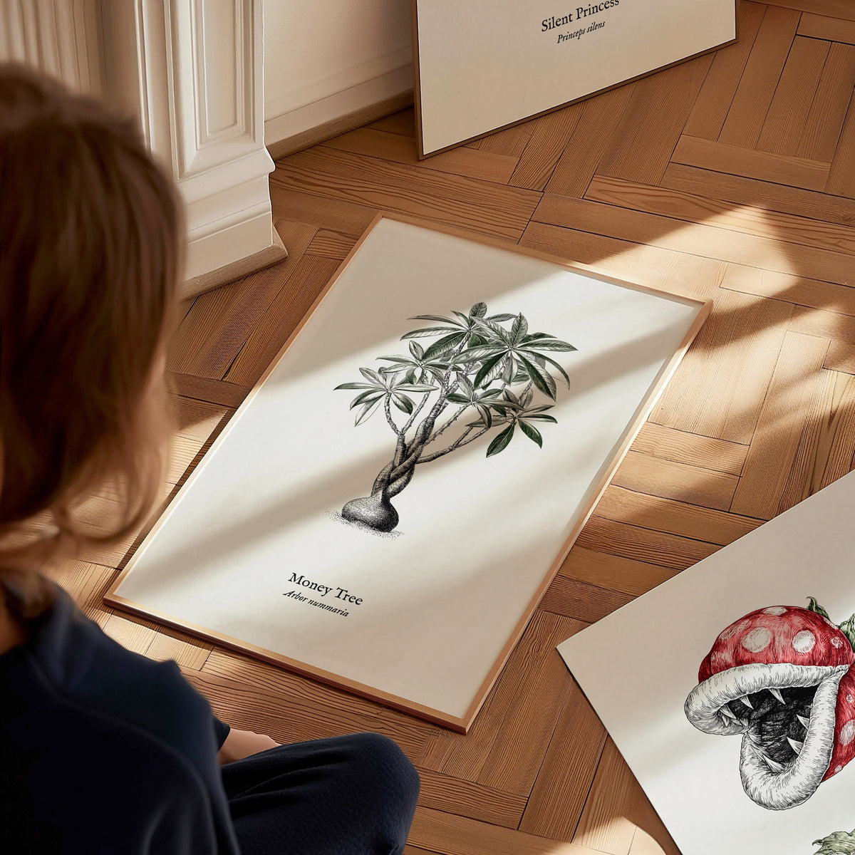 Money Tree Poster | Arbor Nummaria Pen and Ink Print — Vintage Botanical Illustration Wall Art — styled in a modern interior