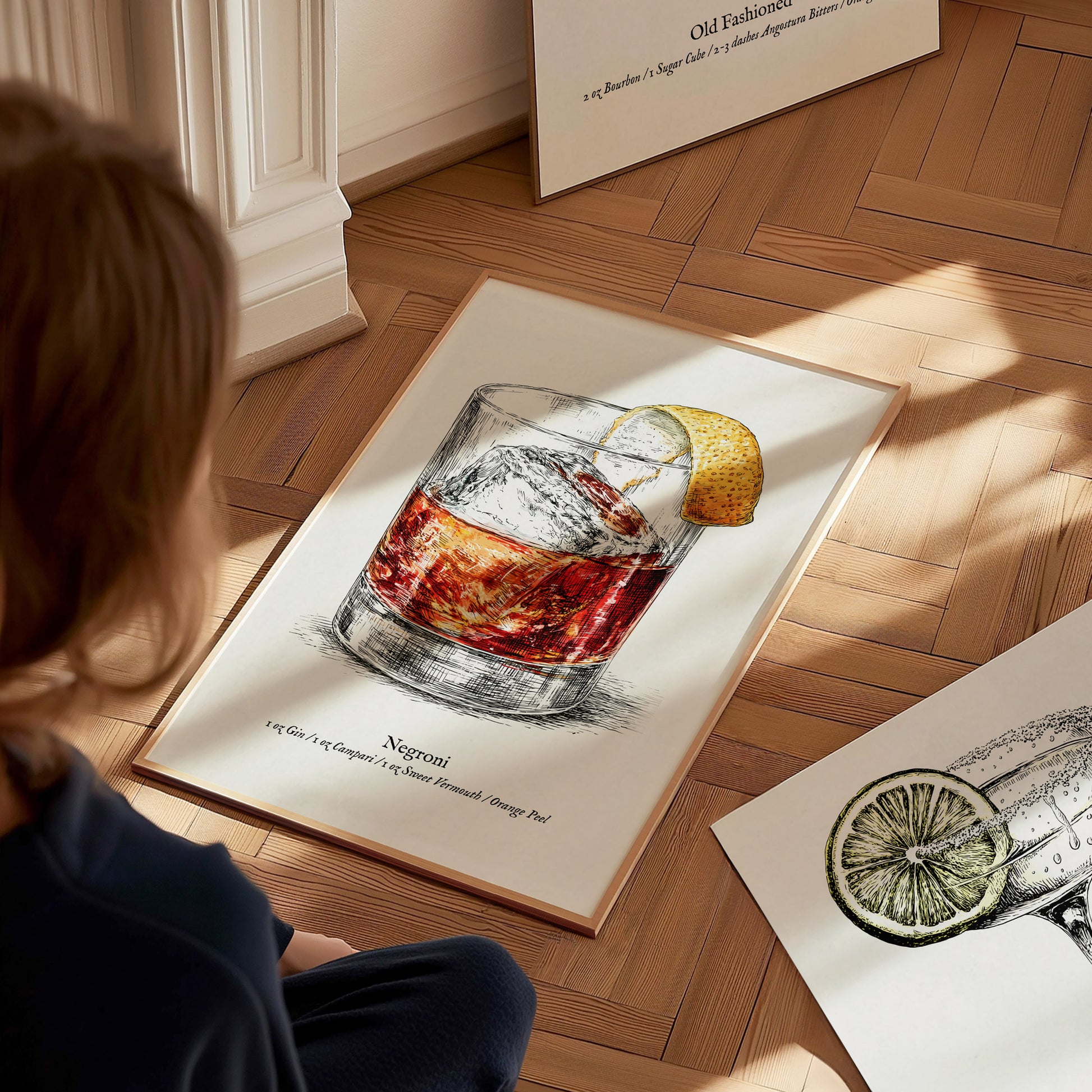 Negroni Poster | Vintage Cocktail Scientific Illustration Wall Art — styled in a modern interior