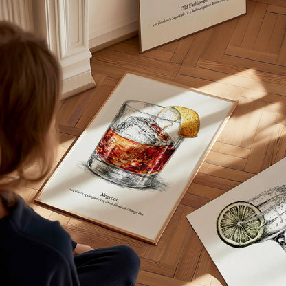 Negroni Poster | Vintage Cocktail Scientific Illustration Wall Art — styled in a modern interior