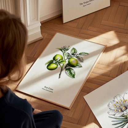 Key Lime Poster | Citrus aurantiifolia Vintage Botanical Illustration Pen and Ink Print — styled in a modern interior