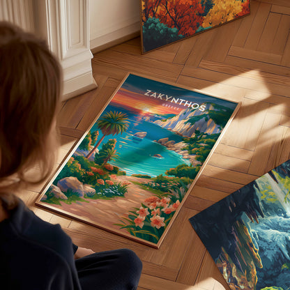 Zakynthos, Greece Poster | Turquoise Shipwreck Cove Destination Print Wall Art — styled in a modern interior