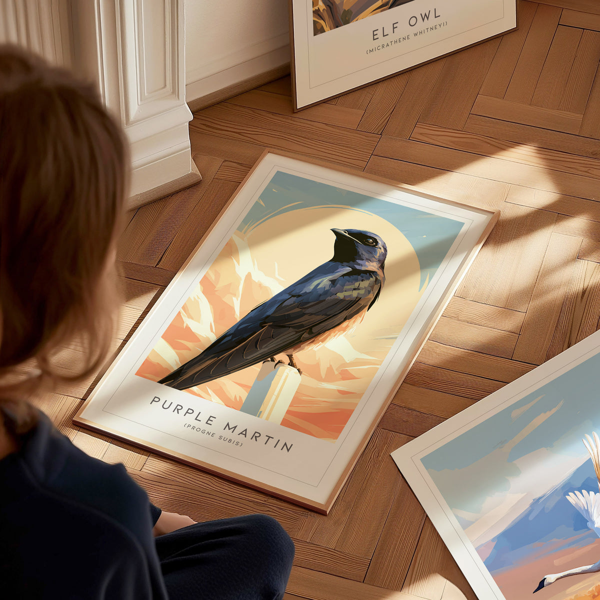 Purple Martin Poster | Graceful Songbird in Golden Light Wall Art — styled in a modern interior