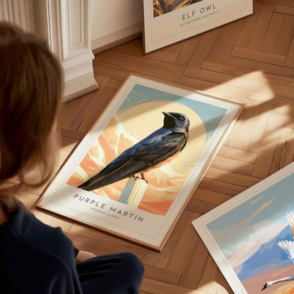 Purple Martin Poster | Graceful Songbird in Golden Light Wall Art — styled in a modern interior