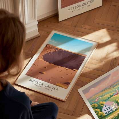 Meteor Crater Matte Border Poster | Winslow, Arizona Destination Print — styled in a modern interior