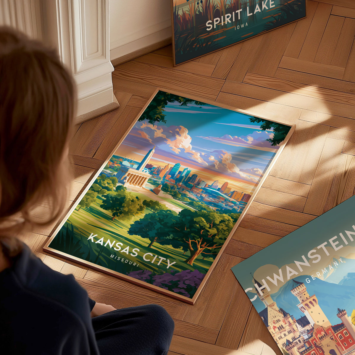 Kansas City, Missouri Poster | BBQ Jazz & Fountains Destination Print Wall Art — styled in a modern interior