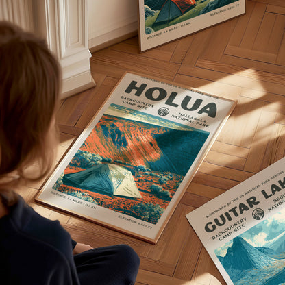 Holua, Haleakala National Park Poster | Hiker Gift | Volcanic Backcountry Trail Wall Art — styled in a modern interior