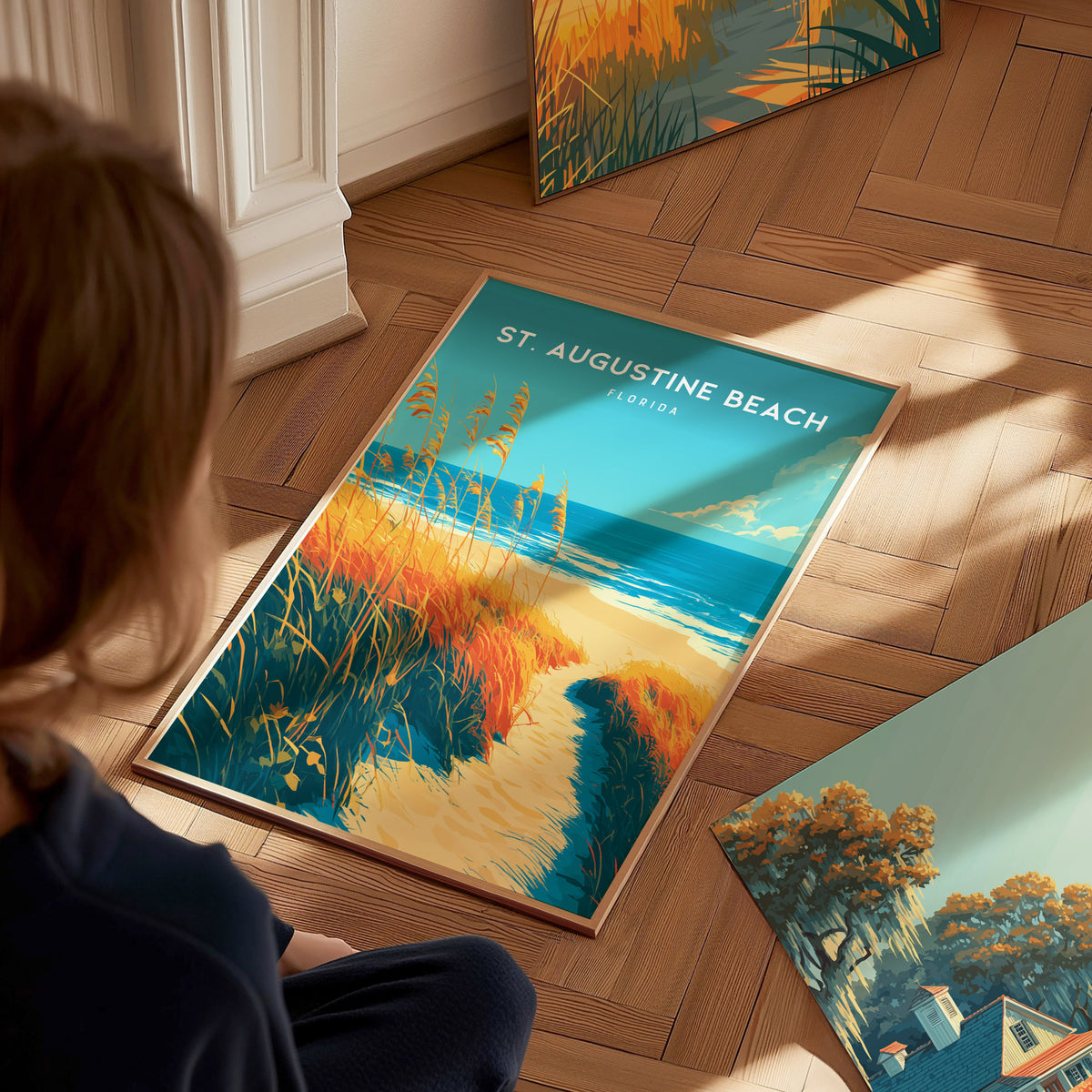 St. Augustine Beach, Florida Poster | Sun-Kissed Shores & Pier Wall Art — styled in a modern interior