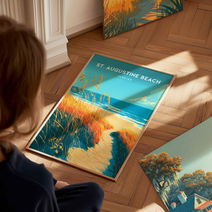 St. Augustine Beach, Florida Poster | Sun-Kissed Shores & Pier Wall Art — styled in a modern interior