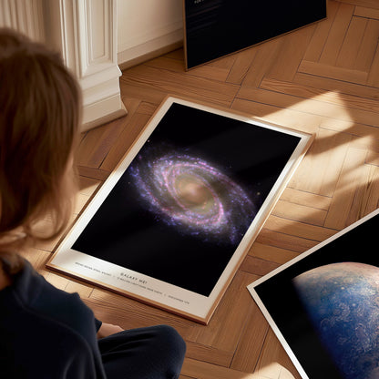 Detail of caption text on M81 galaxy poster referencing Messier 81 and spiral galaxy classification