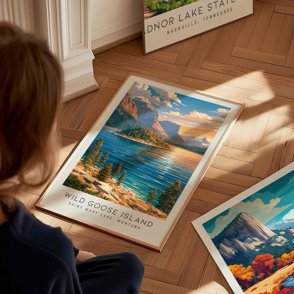 Wild Goose Island Matte Border Poster | Saint Mary Lake, Montana Travel Wall Art — styled in a modern interior