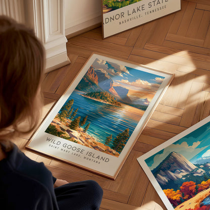 Wild Goose Island Matte Border Poster | Saint Mary Lake, Montana Travel Wall Art — styled in a modern interior