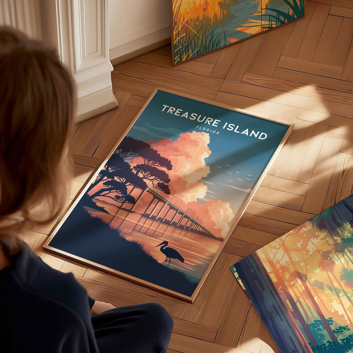 Treasure Island, Florida Poster | Sunset Beach & Lifeguard Tower Wall Art — styled in a modern interior