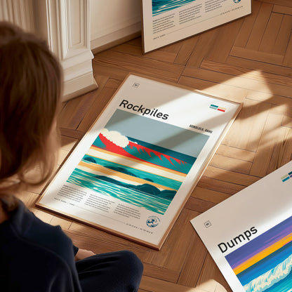 Rockpiles, Hawaii Poster | Golden Hour North Shore Surf Wall Art — styled in a modern interior
