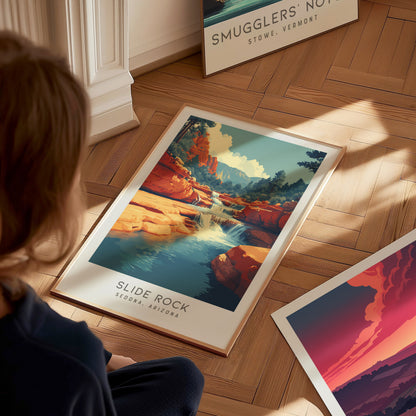 Slide Rock Matte Border Poster | Sedona, Arizona Travel Wall Art — styled in a modern interior
