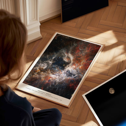 Large Tarantula Nebula JWST poster displayed in a classroom beside STEM and astronomy posters