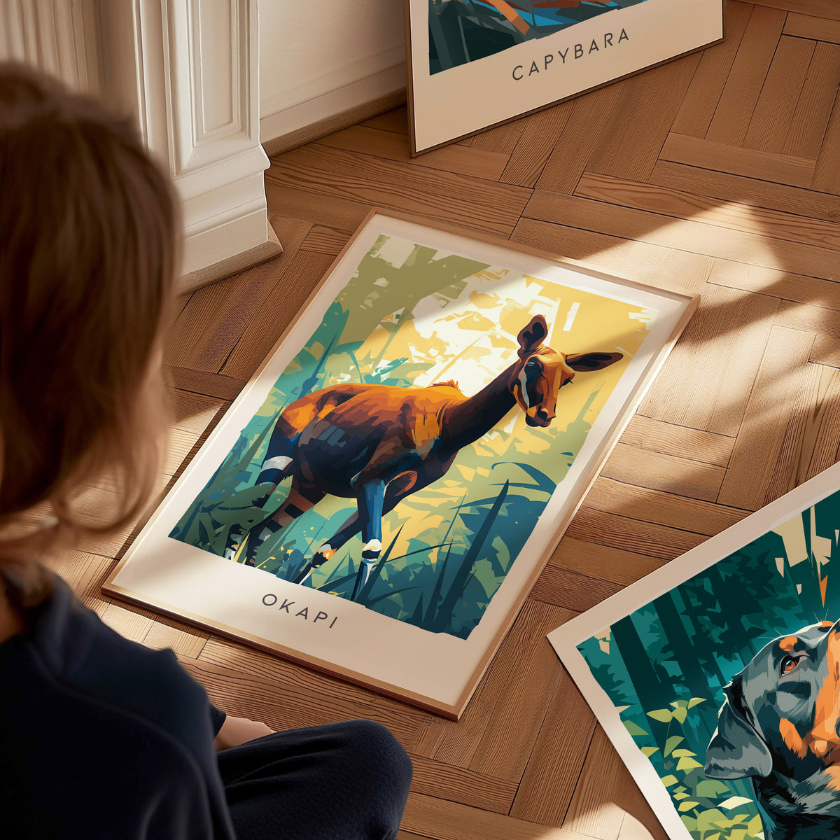 Okapi, Okapia johnstoni Poster | Rainforest Wildlife Wall Art — styled in a modern interior