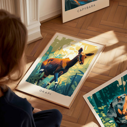 Okapi, Okapia johnstoni Poster | Rainforest Wildlife Wall Art — styled in a modern interior