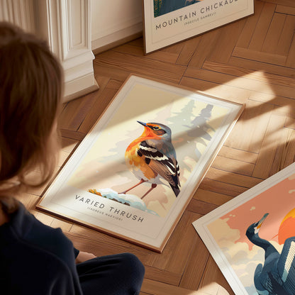 Varied Thrush, Ixoreus naevius Poster | Bold Forest Songbird Nature Poster Wall Art — styled in a modern interior