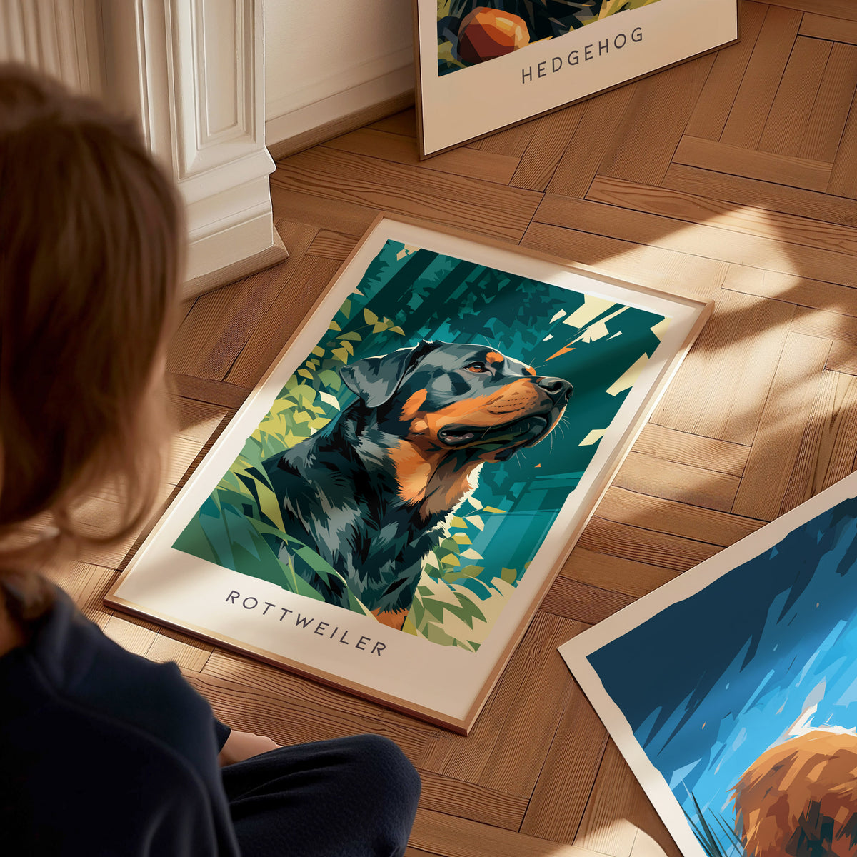 Rottweiler Poster | Loyal Guardian Wildlife Wall Art — styled in a modern interior