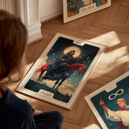 A person observes a tarot poster on the floor featuring the Death card, depicting a skeletal figure on horseback under a starry sky. Other tarot cards are nearby.