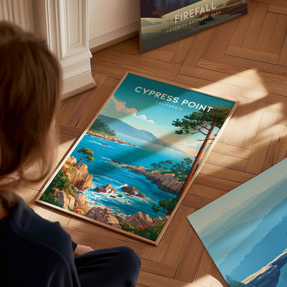 Cypress Point, California Poster | Coastal Beach Decor Travel Gift Wall Art — styled in a modern interior