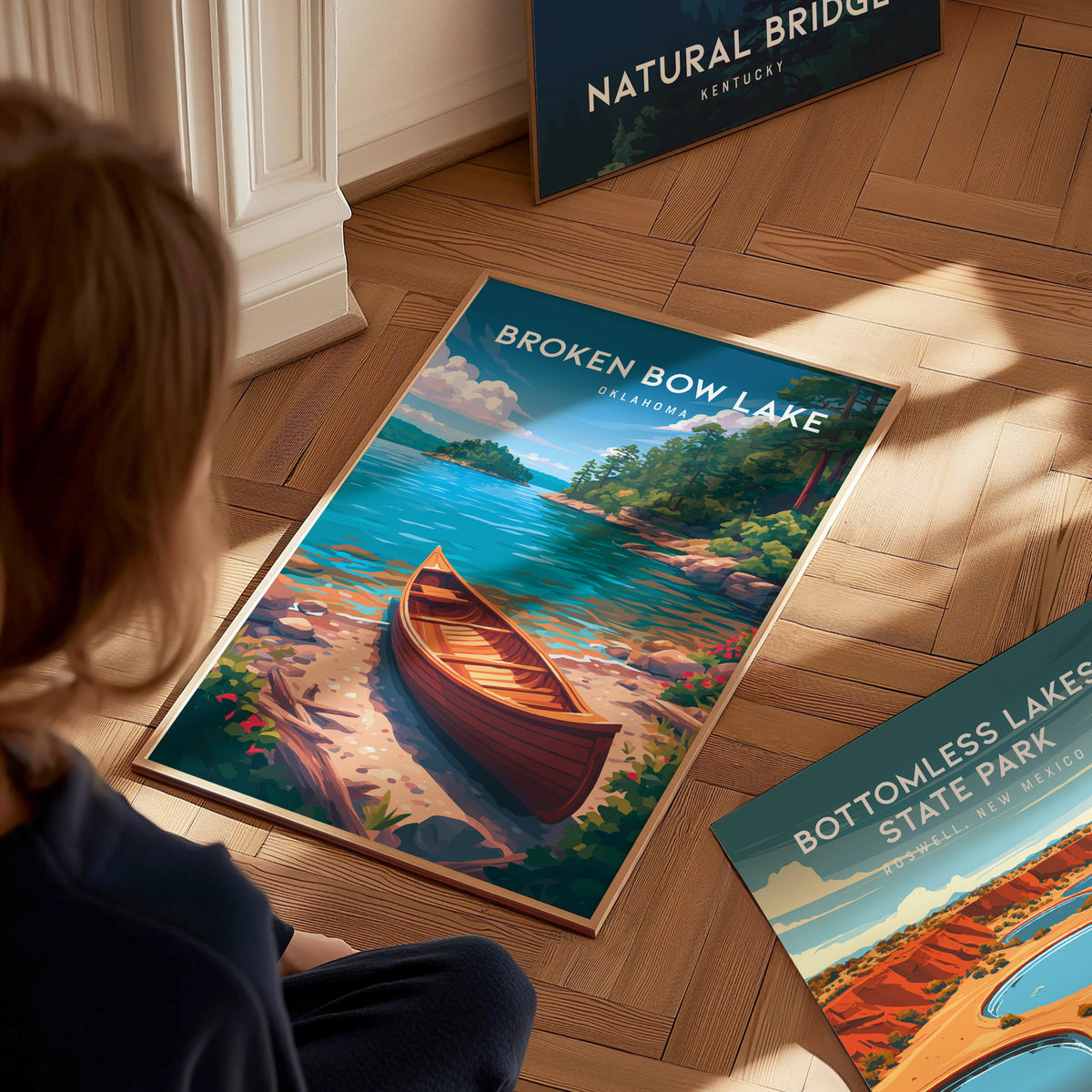 Broken Bow Lake, Oklahoma Poster | Pine Forest & Lake Retreat Wall Art — styled in a modern interior