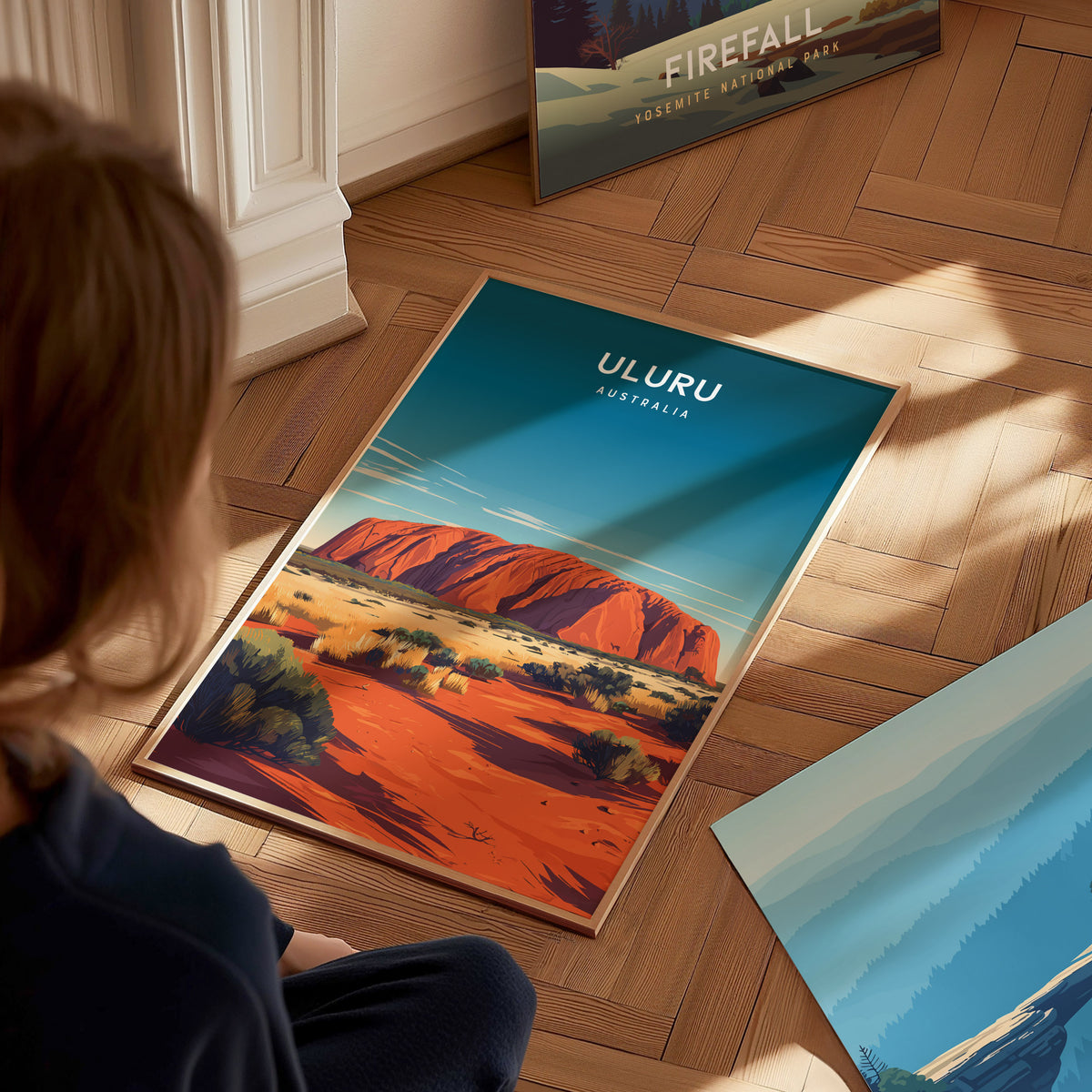 Uluru, Australia Poster | Sacred Red Rock Desert Destination Print Wall Art — styled in a modern interior