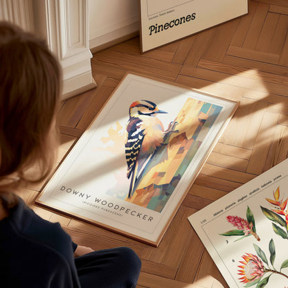 A child sits on a wooden floor, examining a framed art print of a Downy Woodpecker perched on a tree trunk. The print features vibrant colors and geometric shapes, alongside another illustration of flowers laid out nearby.