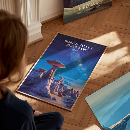 Goblin Valley State Park, Utah Poster | Desert Adventure Framed or Unframed Wall Art — styled in a modern interior
