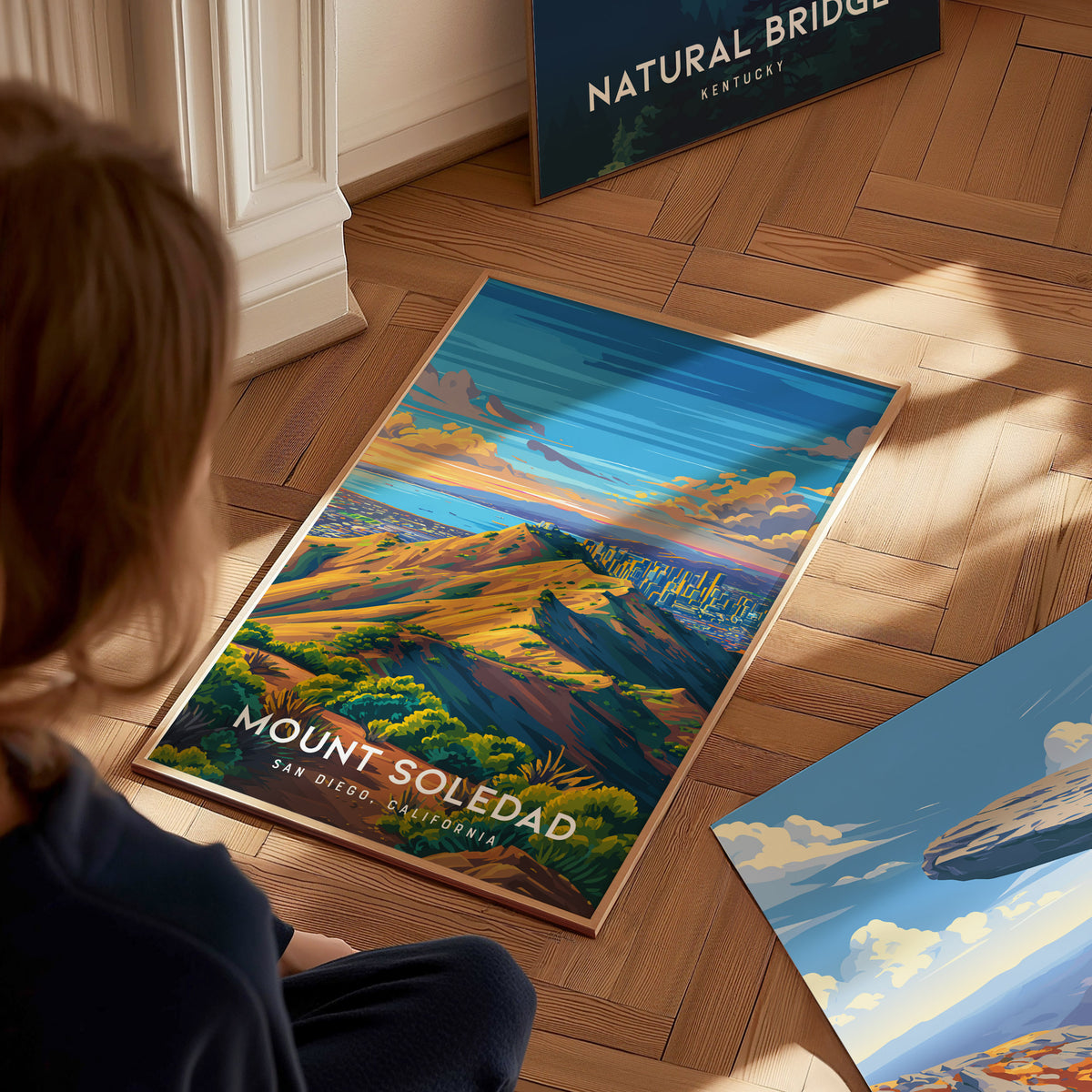 Mount Soledad, California Poster | Cross & Coastline Panoramic View Wall Art — styled in a modern interior