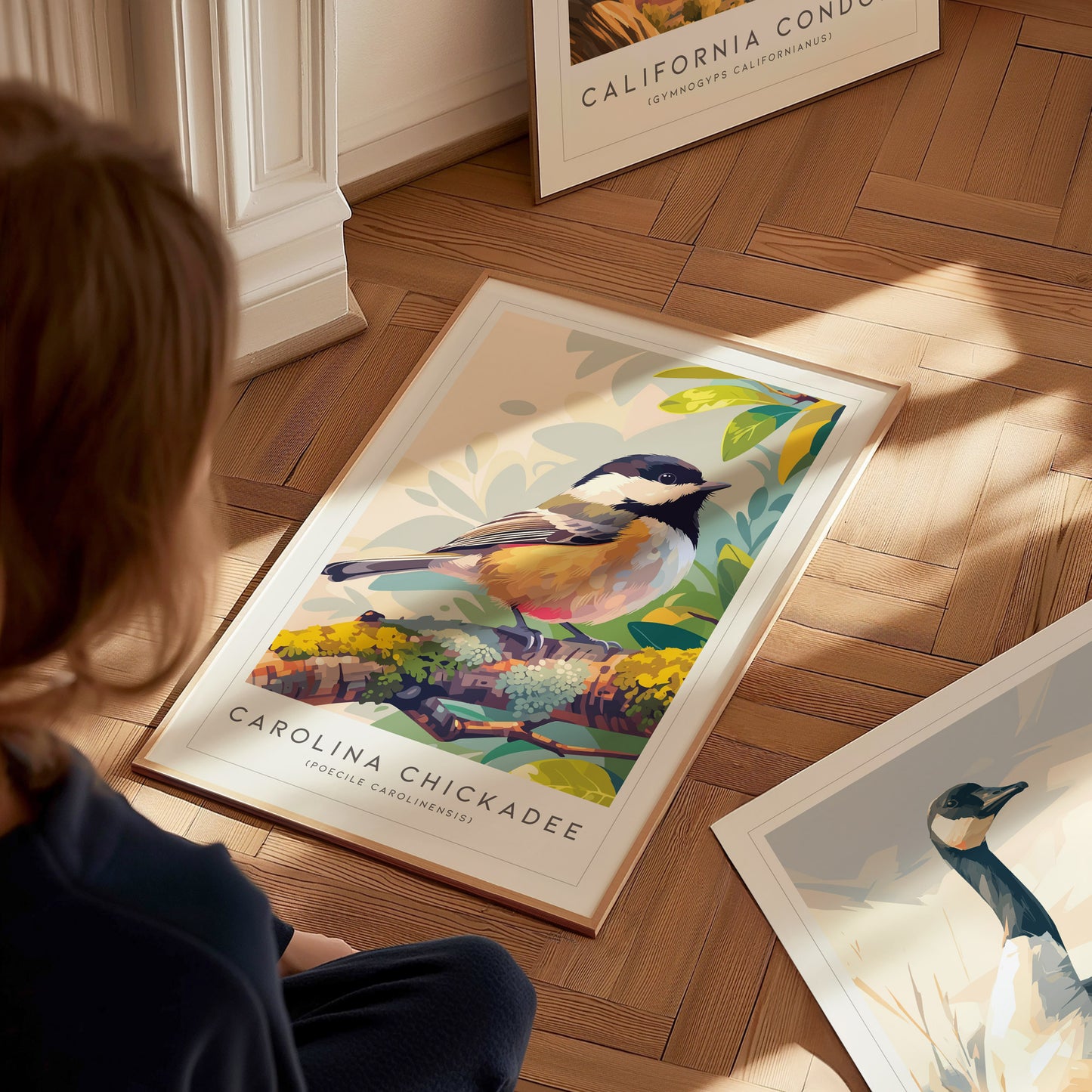 Carolina Chickadee Poster | Charming Songbird in Autumn Branches Wall Art — styled in a modern interior
