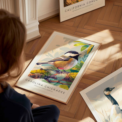 Carolina Chickadee Poster | Charming Songbird in Autumn Branches Wall Art — styled in a modern interior