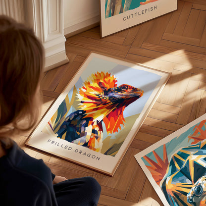 Frilled Dragon, Wildlife Poster | Ancient Reptile Portrait Wall Art — styled in a modern interior