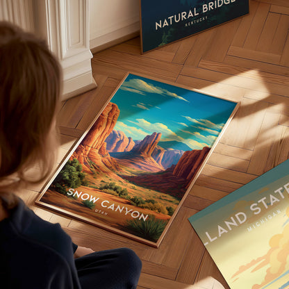 Snow Canyon, Utah Poster | Red Rock Desert Destination Print Wall Art — styled in a modern interior