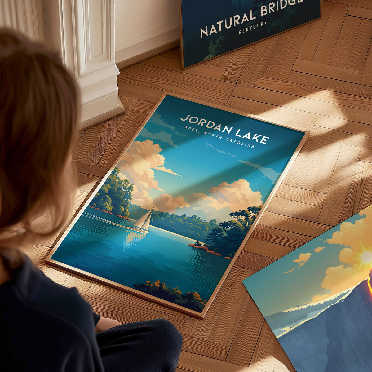Jordan Lake, Apex, North Carolina Poster | Lakeside Serenity Travel Wall Art — styled in a modern interior