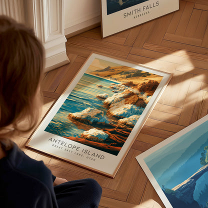 Antelope Island Matte Border Poster | Great Salt Lake, Utah Travel Wall Art — styled in a modern interior
