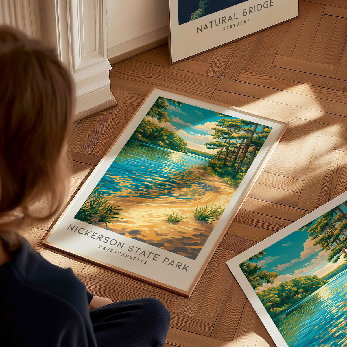 Nickerson State Park Matte Border Poster | Massachusetts Destination Print Travel Wall Art — styled in a modern interior